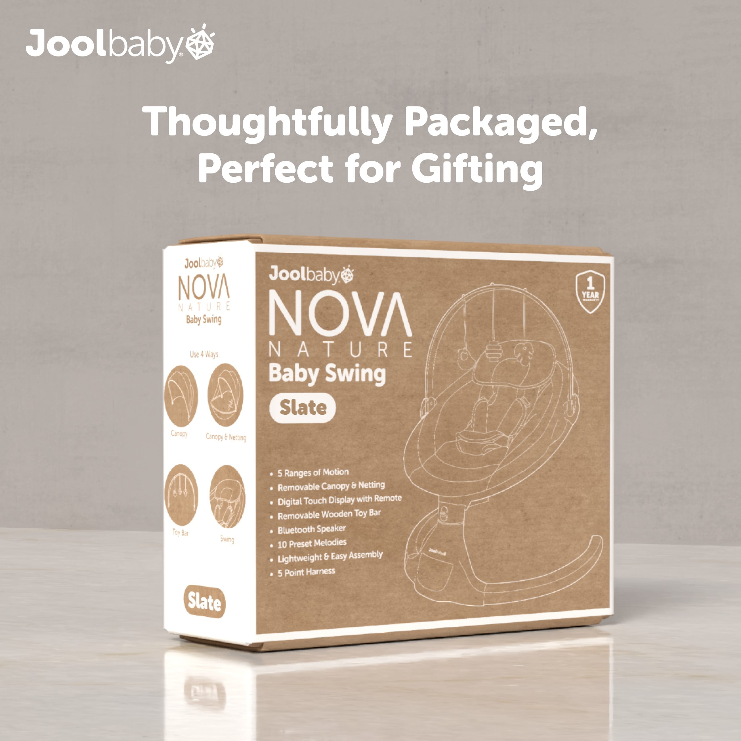 Jool Baby Nova Nature Baby Swing for Newborns – Natural Wood Toys, Electric Motorized Infant Swing, Bluetooth Music