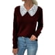 thumbnail image 2 of Suéter Con Cuello De Encaje Suéter De Mujer Prendas De Punto De Manga Larga Cuello De Encaje Top De Punto Color Puro Para Otoño Invierno Rojo S, 2 of 6