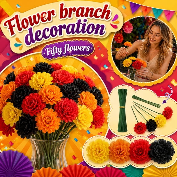 50Pcs Mexican Marigold Artificial Flowers Silk Fall Maple Heads with Stems for DIY Halloween Garland Decoration Day of the Dead Party Decor