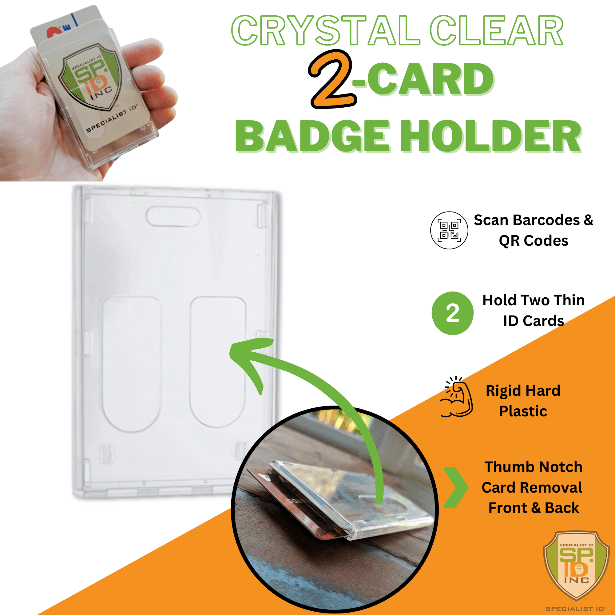 Bulk 25 Pack - Heavy Duty Crystal Clear Badge Holders (Hold Two Cards) - Vertical Dual Sided Card Cases - Polycarbonate Rigid/Hard Plastic with Secure Top Load by Specialist ID