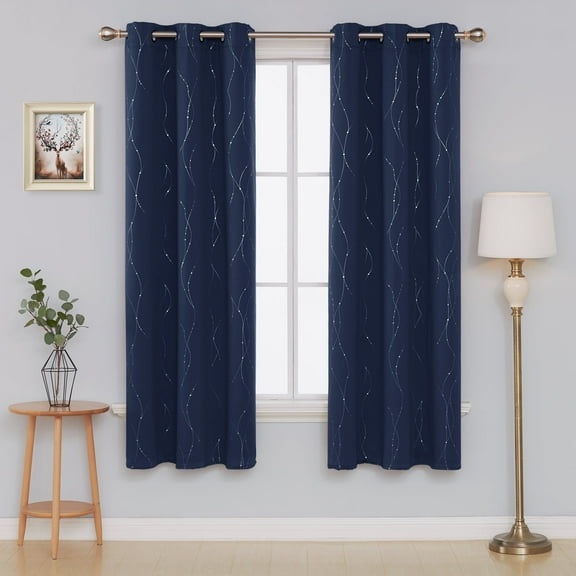 Deconovo Blackout Curtains Energy Saving, 2 Panels, Navy Blue, 42W x 63L Inch, Noise Reducing Thermal Insulated Wave Line Dots Room Darkening