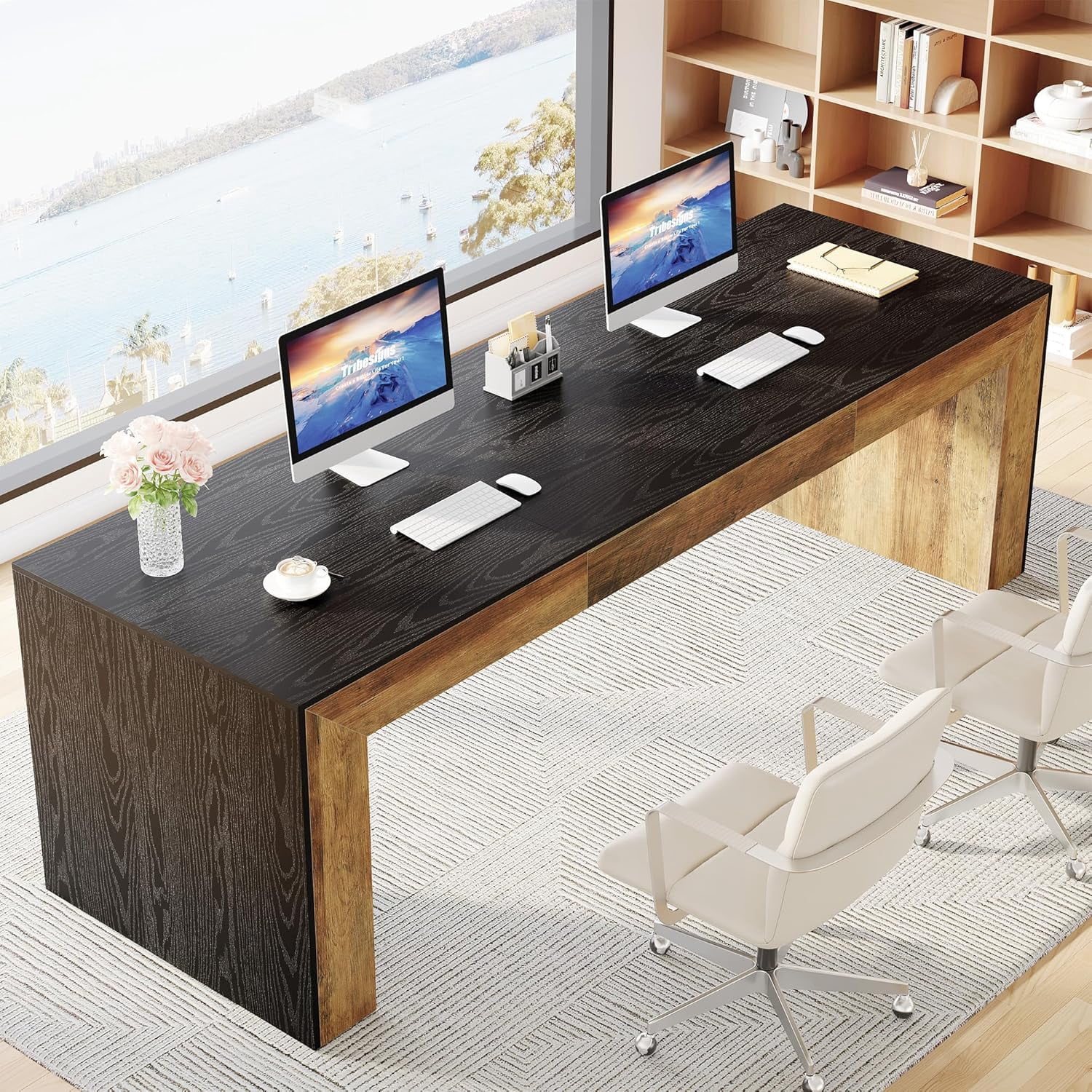 86.6-Inch Long Computer Desk for 2 Person, Farmhouse Executive Desk with Wooden Tabletop and Legs