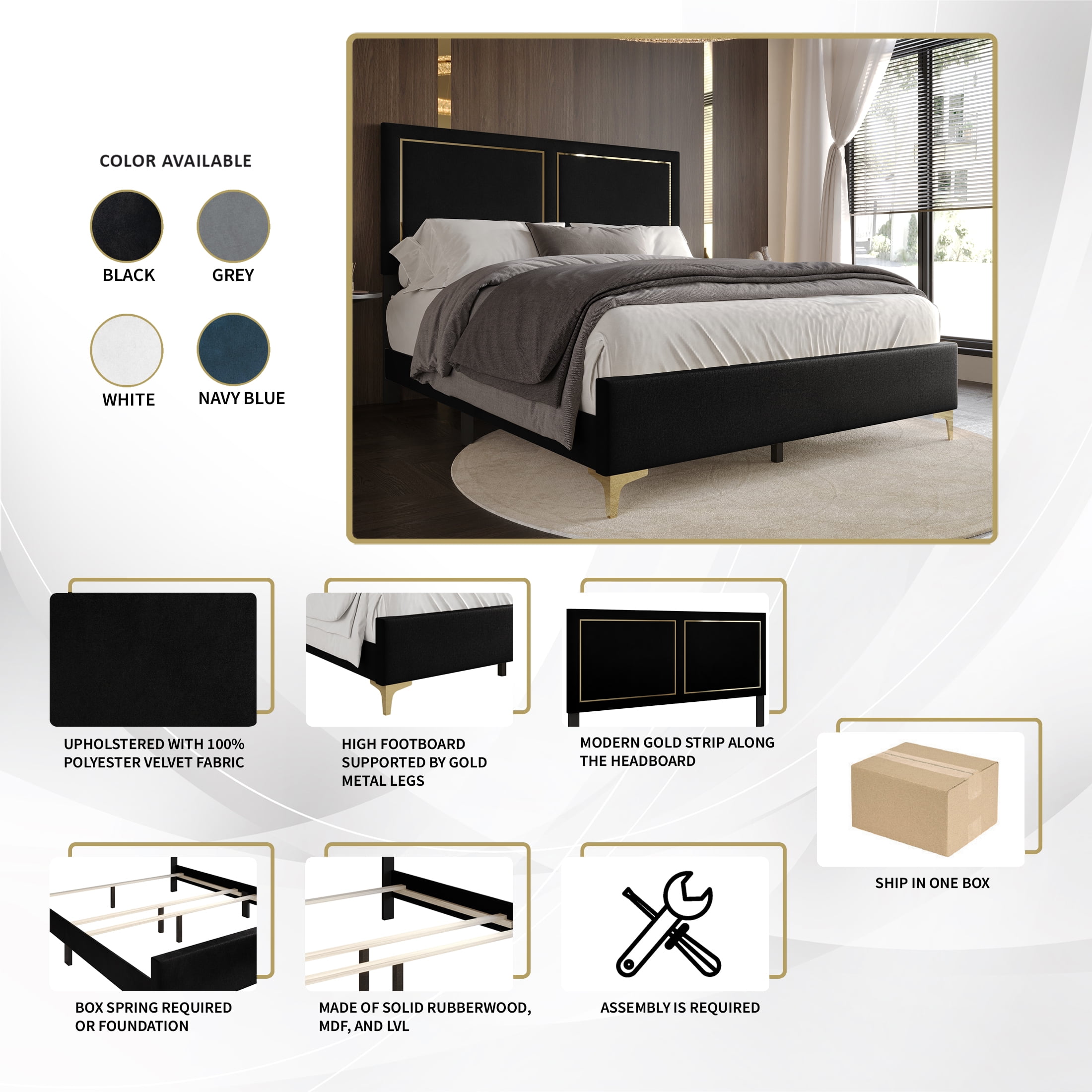 Castle Place Glam Velvet Upholstered Queen Bed, White