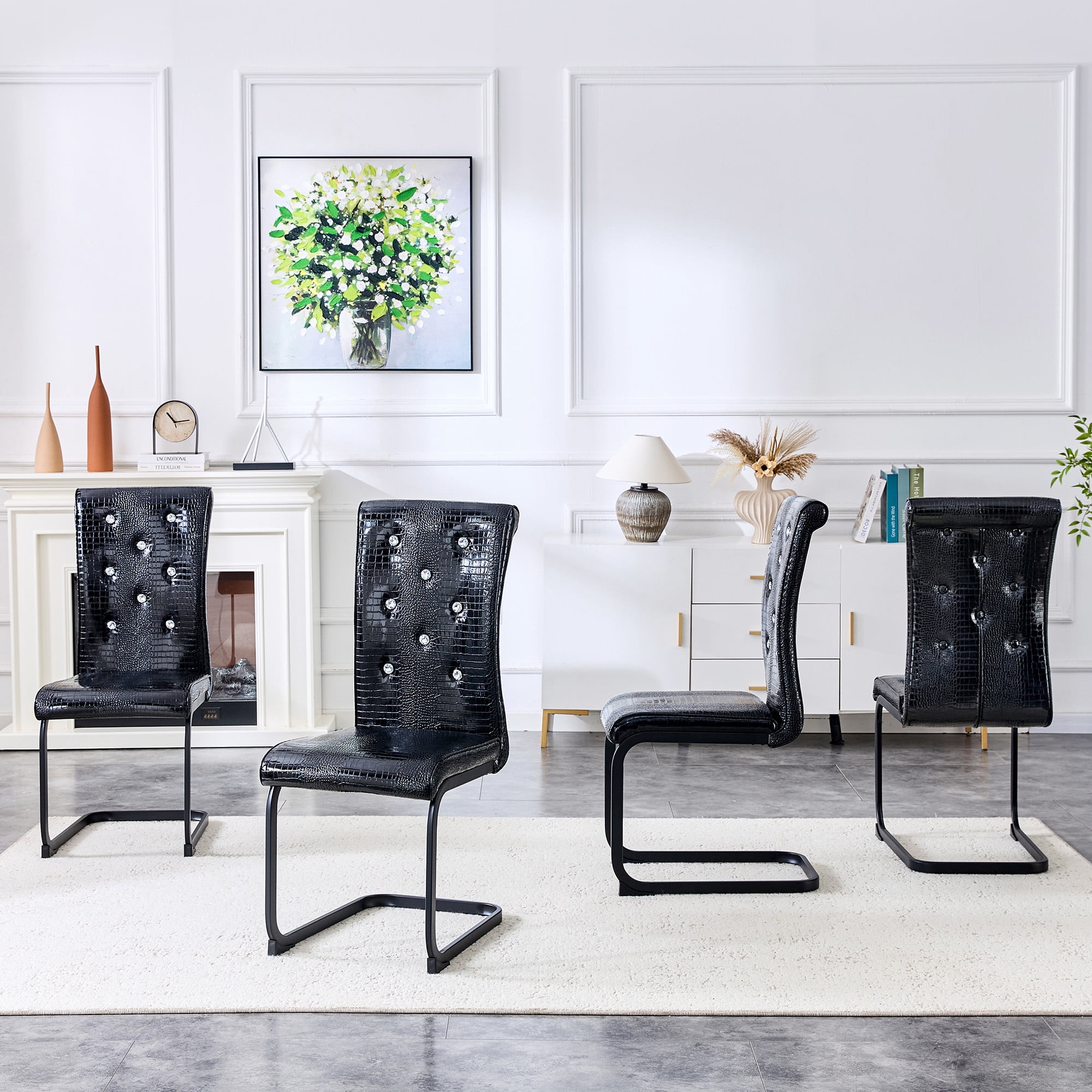 Aukfa Modern Dining Chairs Set of 2 , 400 lbs Heavy-Duty Faux Alligator Leather Kitchen Chairs with Crystal Button Tufted High Back,Black