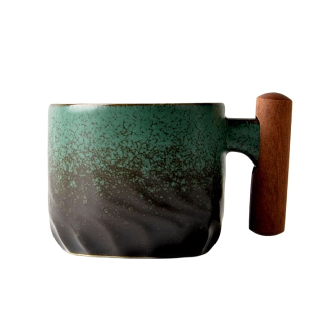 Juego de 1 taza de café espresso de cerámica de 2 oz con mango de madera, tazas de té pequeñas