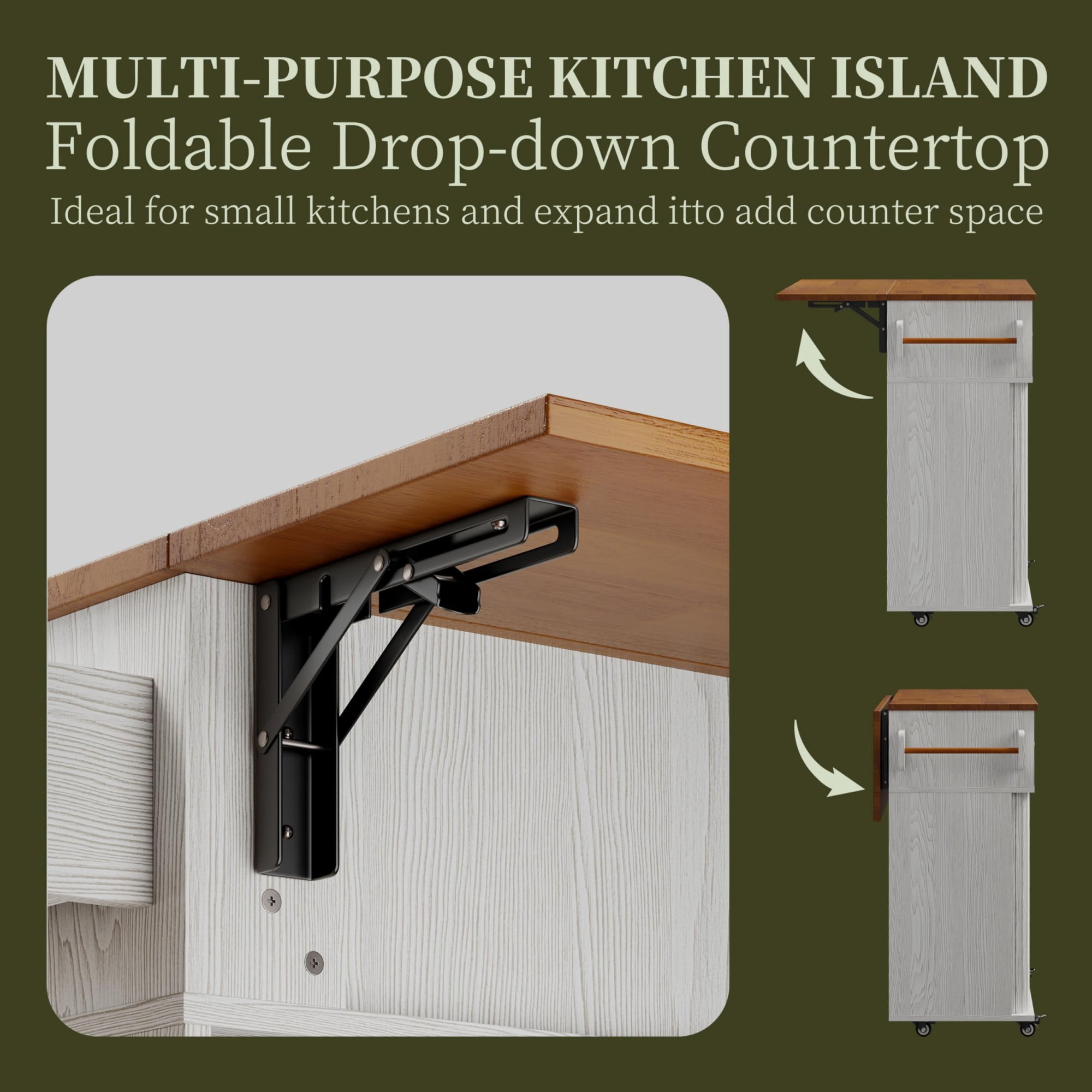 Rolling Kitchen Island Cart with Drop Leaf, Mobile Kitchen Cart on Wheels with Sliding Door, Drawer & Storage Rack, White