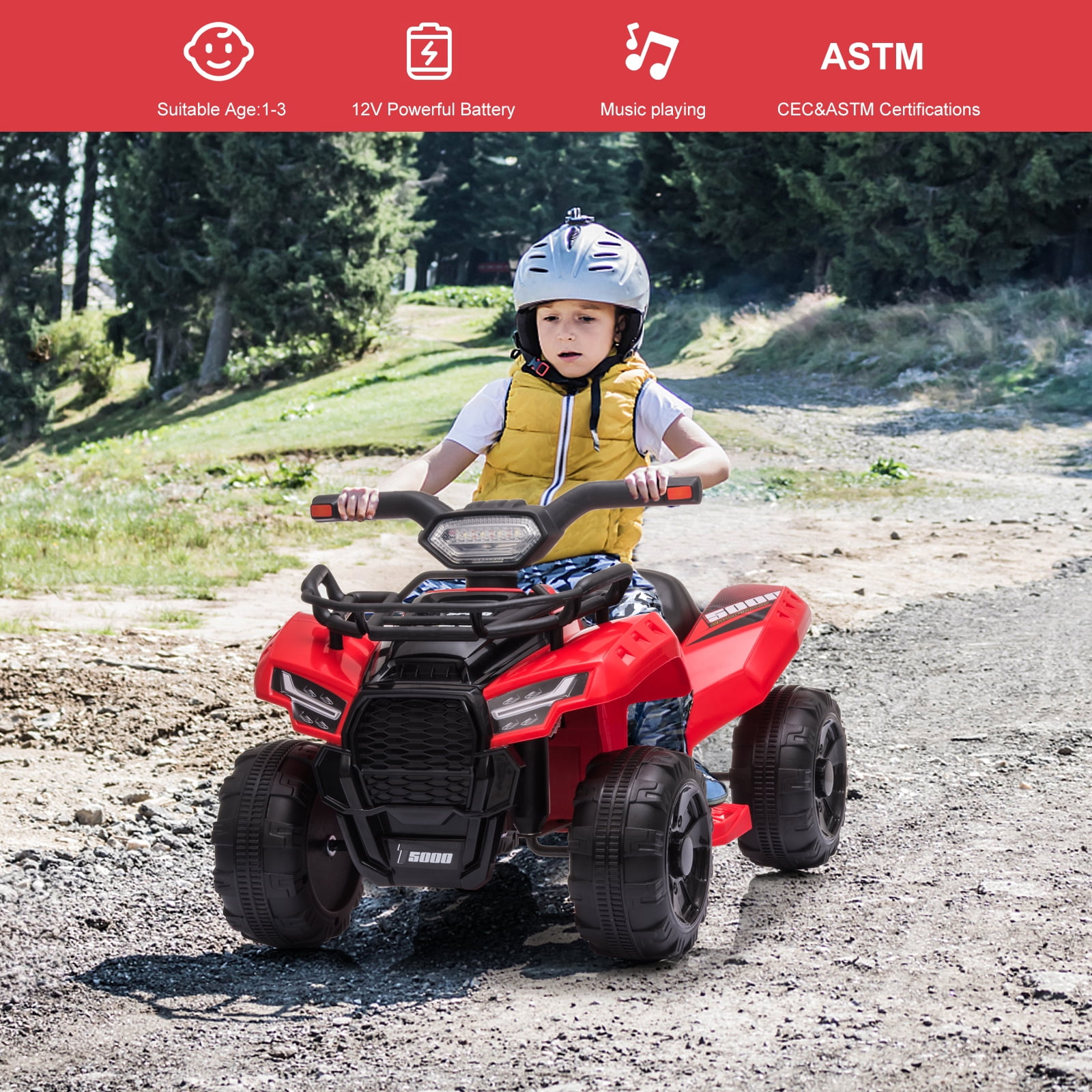 Kids Ride on ATV 6V Battery Powered, 4 Wheeler Electric Vehicle with Horn, MP3, Headlight, Best Gift for 18-36 Months Boys Girls, Adjustable Volume USB Toy Car（Red）