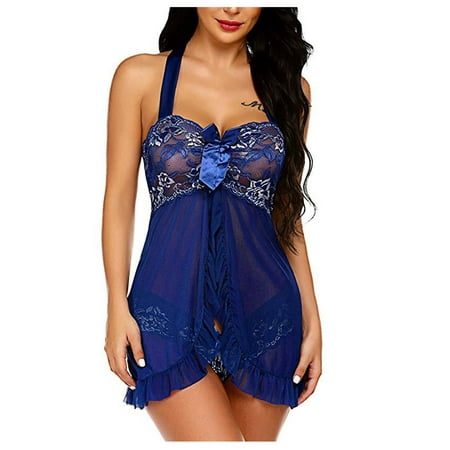 

HAPIMO Savings Women s Sexy Lingerie Lace Cozy Babydoll See Through Mesh Plus Size Strap Chemise Halter Pleat Swing Nightwear Nightgown Blue XXL