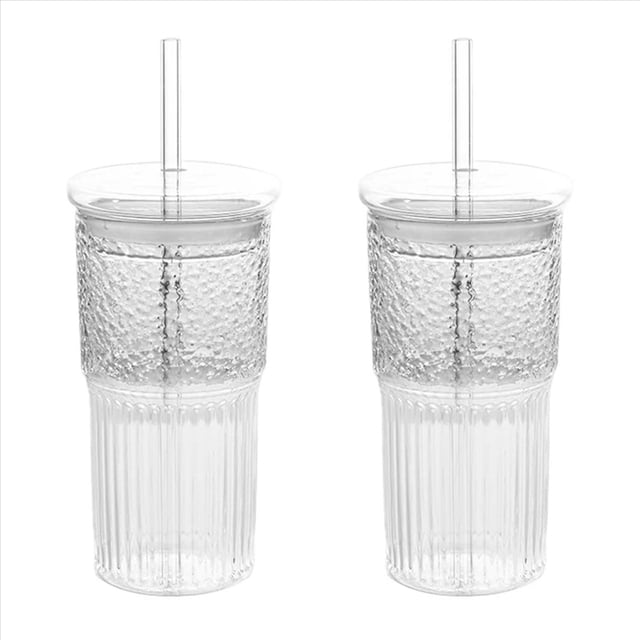 2X de Vidrio de 600 Ml, de Café con Leche con Tapa y Pajita, de Agua A Rayas Transparentes, Vasos para Beber, de Té para Jugo
