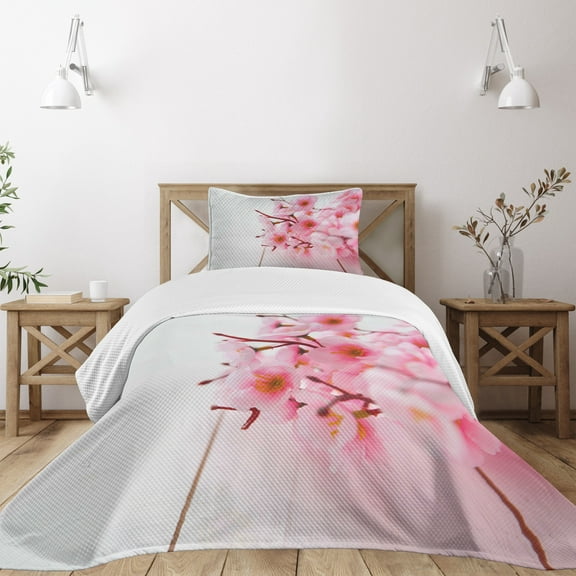 Ambesonne Floral Quilted Bedspread Set 2 Pcs, Cherry Blossom Petals, Twin Size, Pale Pink White