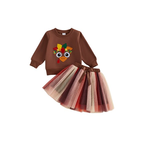 Cjfdfy 2Pcs Toddler Baby Girl Thanksgiving Outfit Long Sleeve Crew Neck Turkey Applique Sweatshirt And Tulle Tutu Skirt Set Cute Turkey Embroidery Thanksgiving Outfit Size 6M-4Y