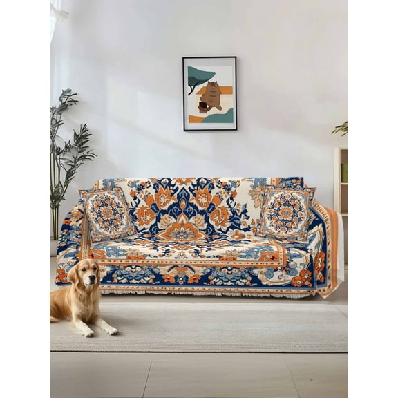 Blue Burnt Orange Boho Couch Cover, Antique Southwestern Art Oversized Sofa Cover Blanket for 3 Cushion Couch,Sectional Sofa Slipcover Furniture Protector for Living Room Bedroom 71''x150''