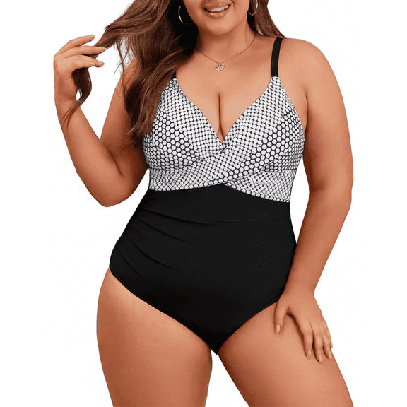 SOMER One Piece Swimsuit Women Plus Size Swimsuit for Womens Bathing Suits Low-cut Tummy Control Front Cross Bathing Suits Slimming Black Dots V Neck Swimwear High Waisted Oversized