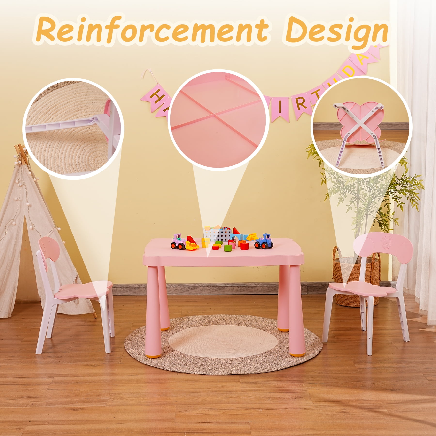 Domi Kids 3 Piece Plastic Toddler Table and Chair Set, Children Activity Table(White/Pink)