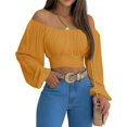 thumbnail image 3 of MIRACMODA Mujer Fuera del Hombro Fruncido Lazo Espalda Crop Top Verano Linterna Manga Boho Camisa Blusa, 3 of 5