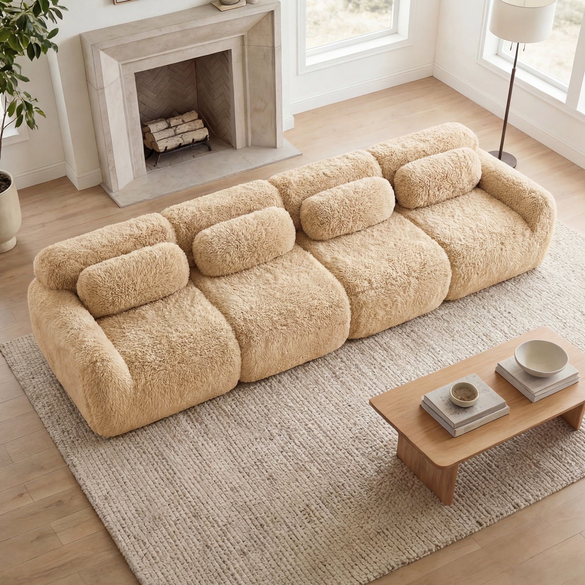 MAYEERTY 149" Plush Boneless Sofa, Khaki 32D Foam Ergonomic Vacuum Compression Buckle Connection Free Combination Couch for Bedroom Study