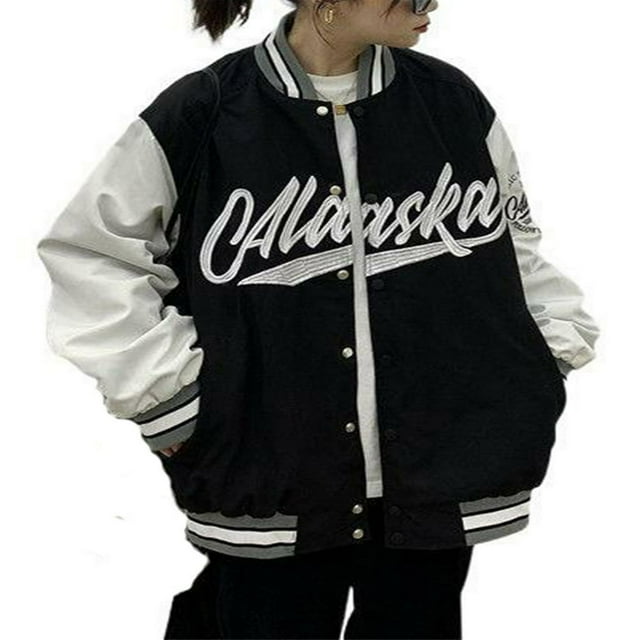 MesaSe Women Oversized Baseball Jackets Classic Letter Embroidery Long Sleeve Bomber Jackets Coats White S