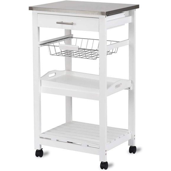 Giantex Kitchen Island on Wheels, Rolling Kitchen Island Cart with Stainless Steel Top, Utility Storage Cart with Lockable Casters for Kitchen, Dining Room, Hotel, 18.5 x 14.5 x 33 inches (White)