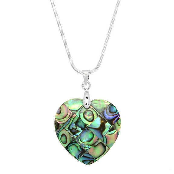Heart Shape Abalone Shell Pendant Necklace Rhodium Plated 17 Inch Snake Chain J0748