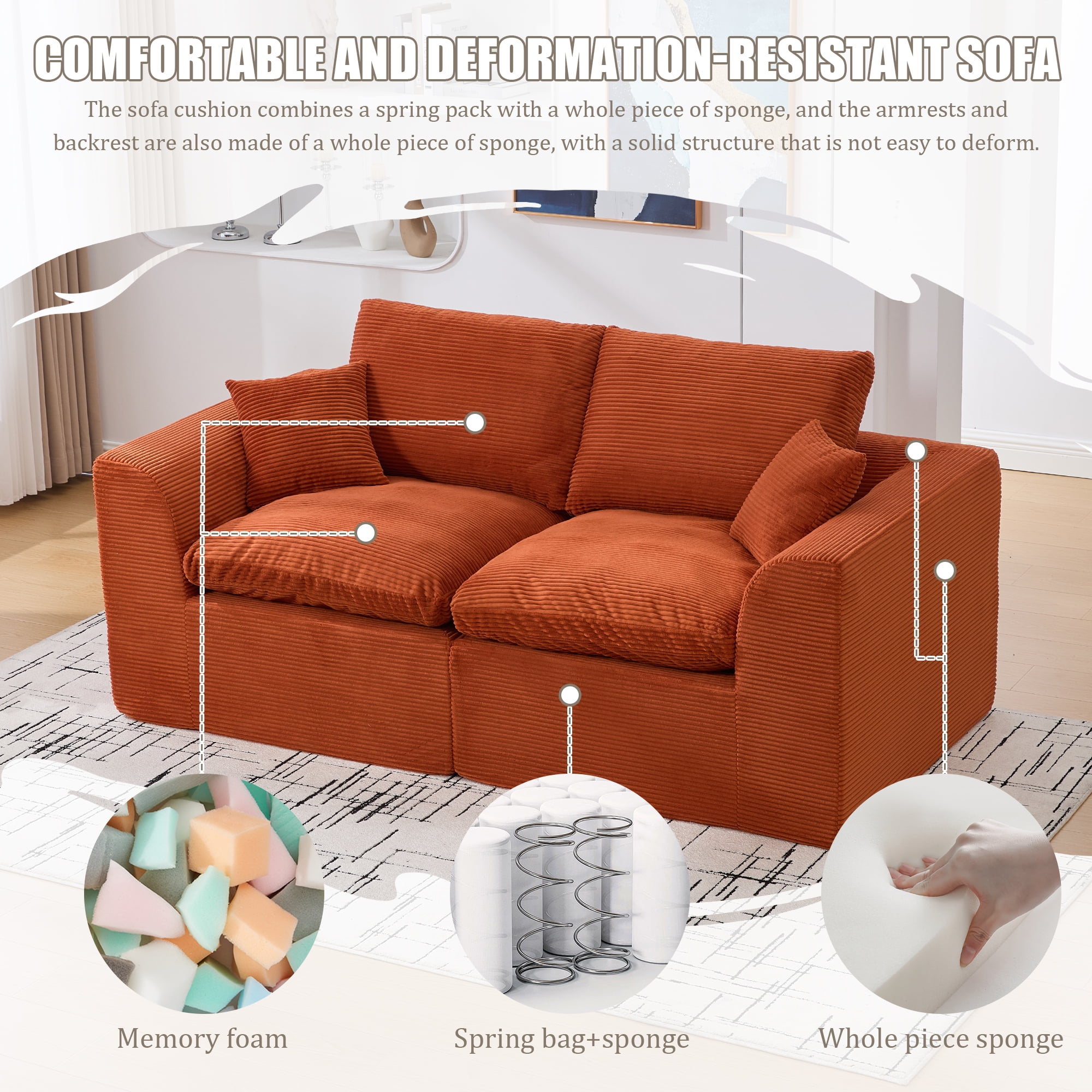 MOONMISS 80.3" Oversized Modular Sofa, Upholstered Corduroy 2 Seat Deep Seat Cloud Couch for Living Room Bedroom, No Assembly Required,Orange