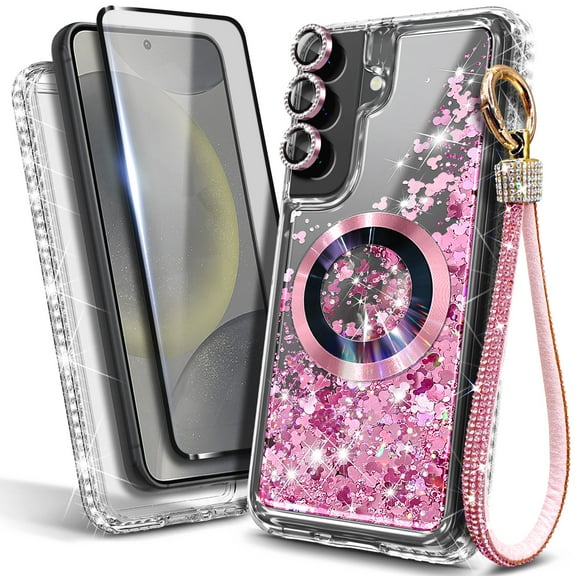 Nagebee For Samsung Galaxy S24 Phone Case MagSafe Wireless Charging Compatible Camera Lens & Tempered Glass Screen Protector & Wrist Strap Lanyard Glittering Liquid Cover (RoseGold)