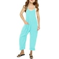 thumbnail image 3 of Spaghetti Strap V-neck Girls Solid Color Casual Loose Straight Kids Children Jumpsuit with Pocket for 5-14 Years, 3 of 5