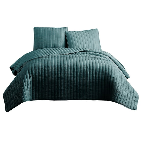 Benjara 3 Piece Crinkle Queen Coverlet Set with Vertical Stitching, Turquoise Blue