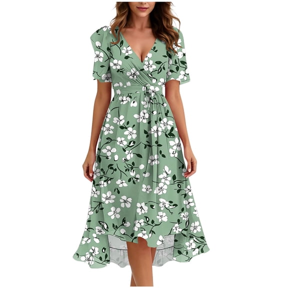 YuXingFu Cotton Dresses for Summer Mid-Length V-Neck Plus Size Womens Dress Short Sleeve Floral Casual Summer Army Green S