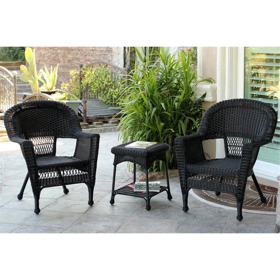 Jeco 3pc Black Wicker Chair and End Table Set without Cushion
