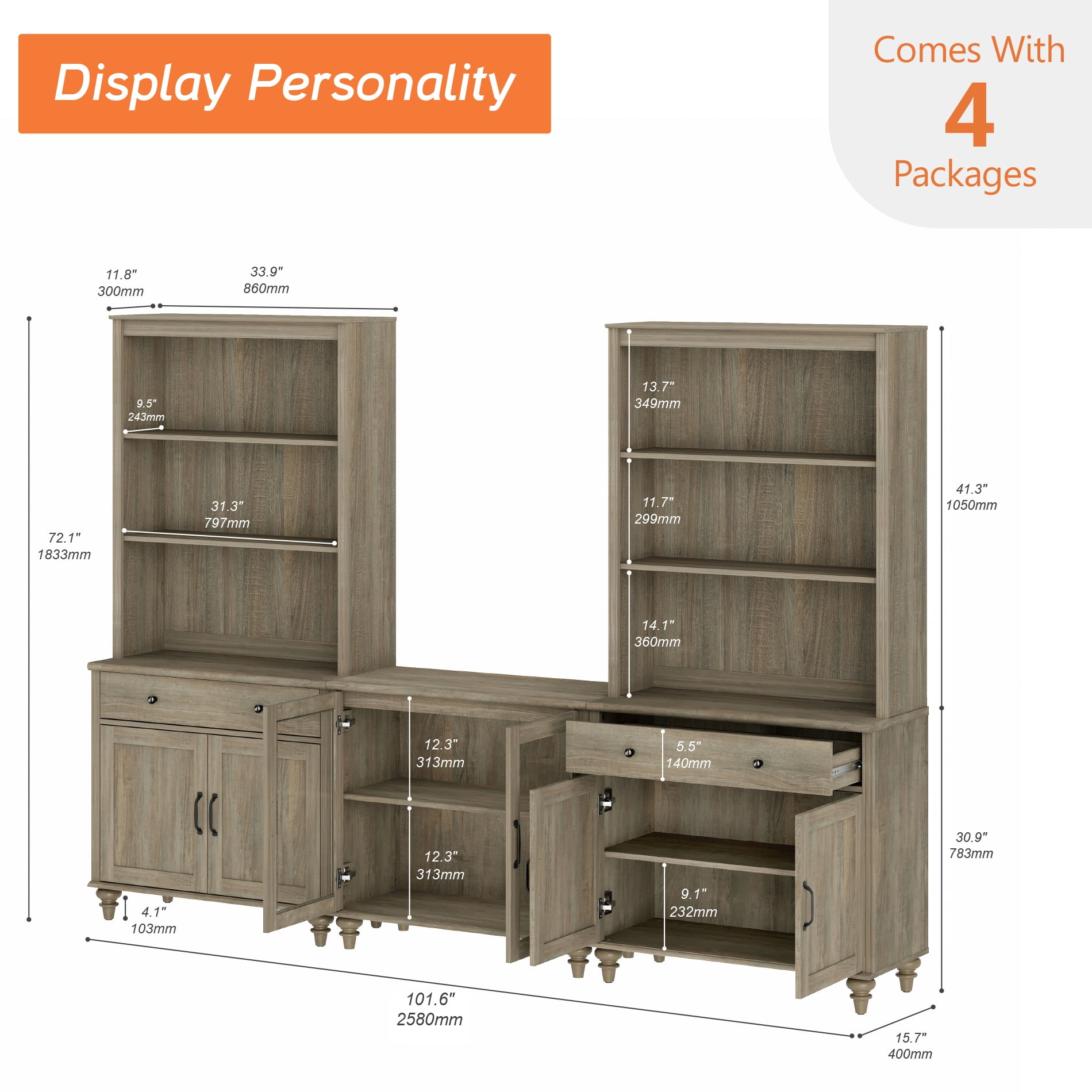 Farmhouse Bookcase With Doors & Drawers, Wash Gray, 101.6" W