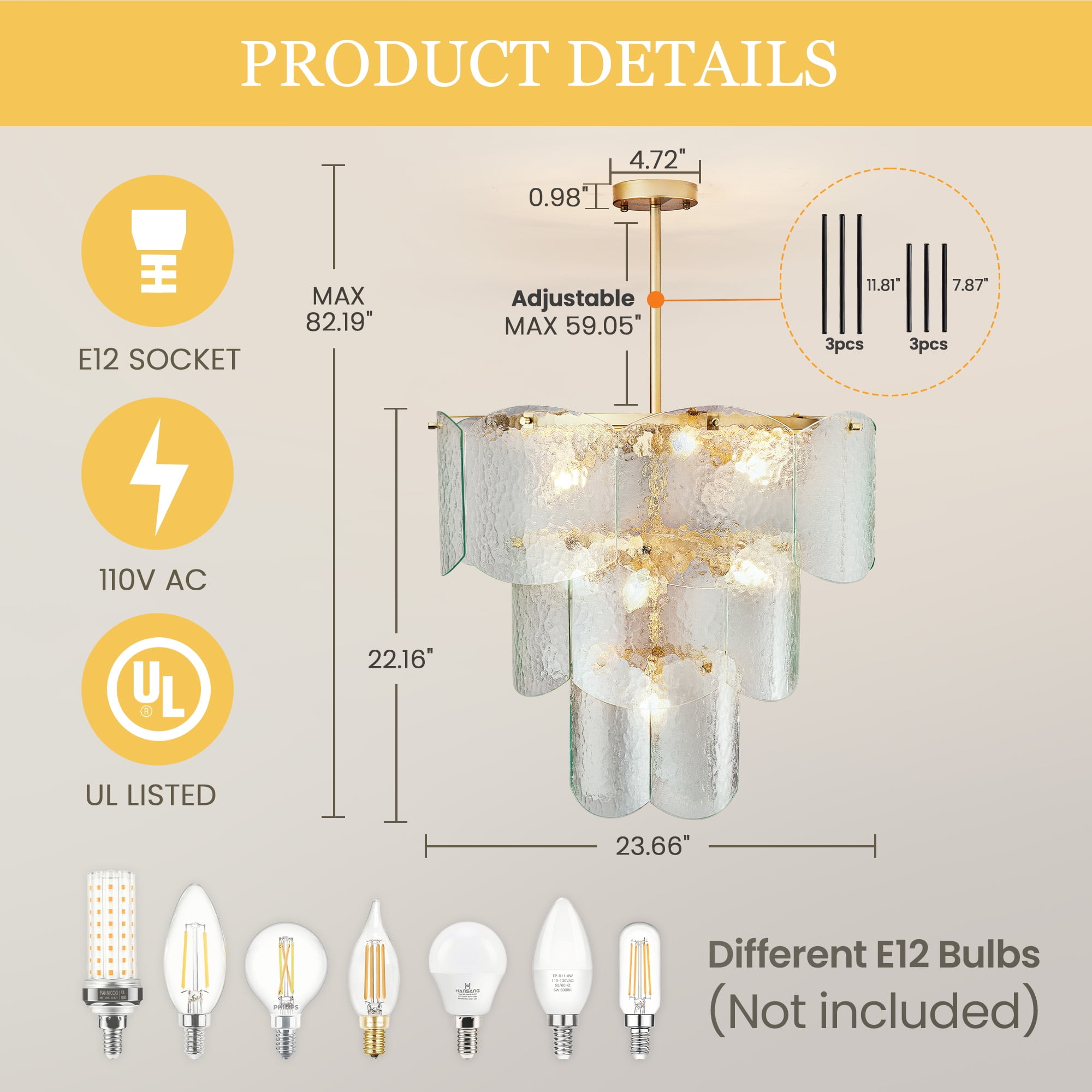 LovingAHome 3-Layer Gold Crystal Chandeliers Glass Chandelier 8-Light Modern Ceiling Light Fixtures for Living Room Bedroom Dining Foyer