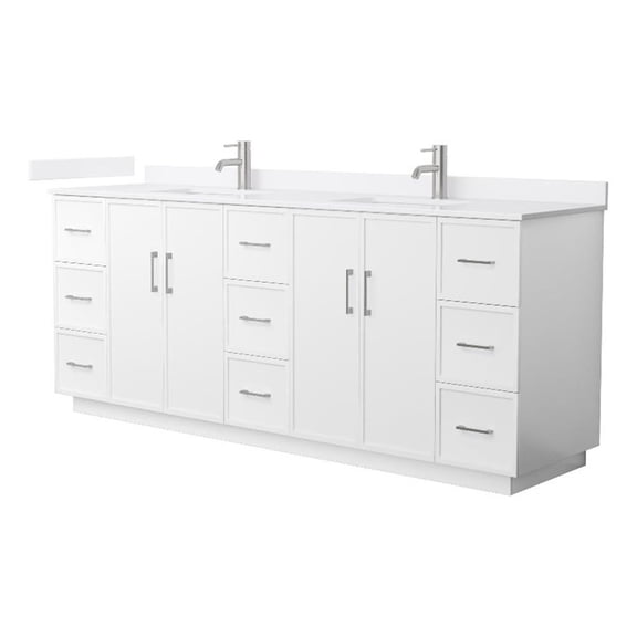 Wyndham Collection WCH747484DWHCCUNSMXX 84 in. Elan Double Bathroom Vanity with Toe Kick in White, Carrara Cultured Marble Countertop - Undermount Square Sink - Brushed Nickel Trim