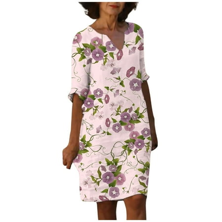 Blphud Womens Summer Maxi Dress Dresses Women Dresses Flowy Short Sleeve Knee Length Beach Dress Floral Sexy Dresses for Women Women s Summer Maxi Dress Casual Loose Pink XL