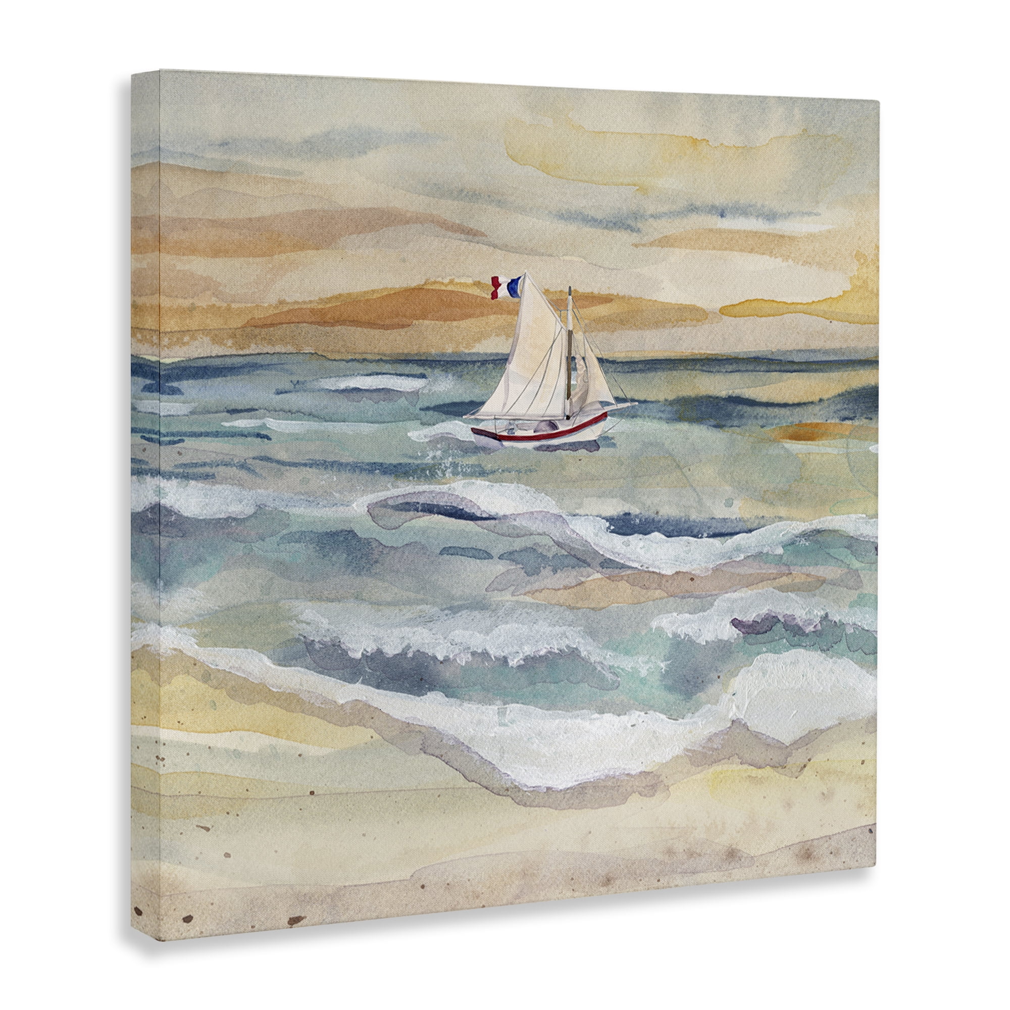 Stupell Industries Watercolor Boat Beach View Transportation Painting Gallery Wrapped Canvas Art Print Wall Art, 17 x 17