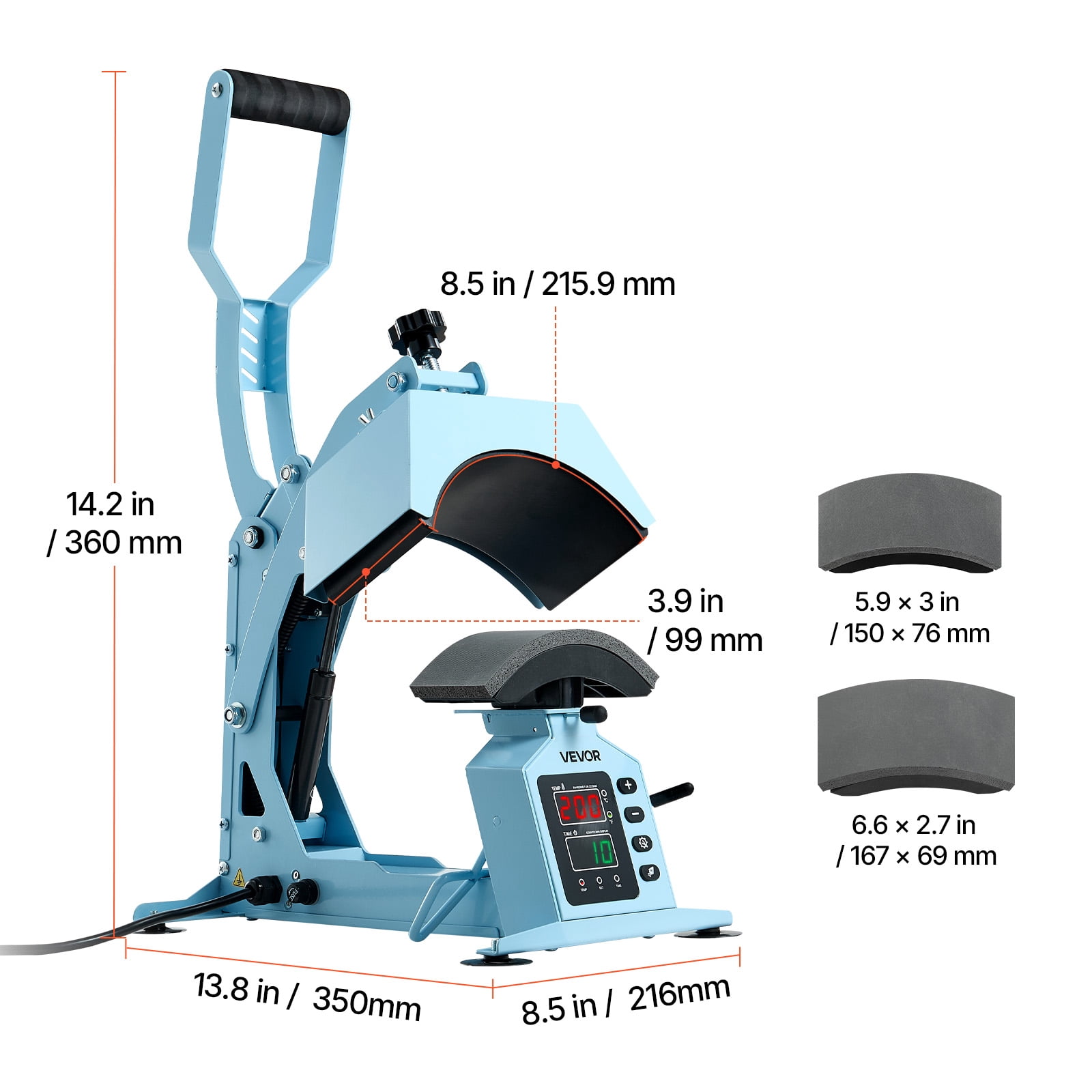 VEVOR Hat Heat Press Machine, with 2 Interchangeable Platens and Caps Stretcher, Precise Temperature & Time Control, Heat Press for Hats and Caps, for HTV Iron On and Sublimation Projects, Light Blue