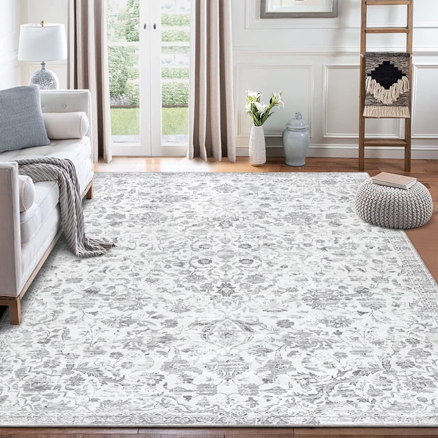 8x10 Vintage Distressed Area Rug, Machine Washable Medallion Floral Carpet with Non-Slip Stain Resistant, for Living Room, Bedroom, Home Decoration,Gray