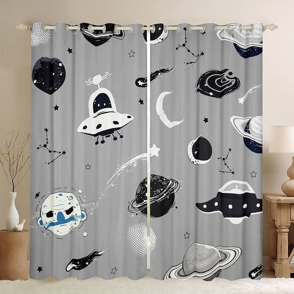 Feelyou Spaceship Boys Black Out Curtains, Grey Planet Curtains Pack of 2 (42x63 Each)