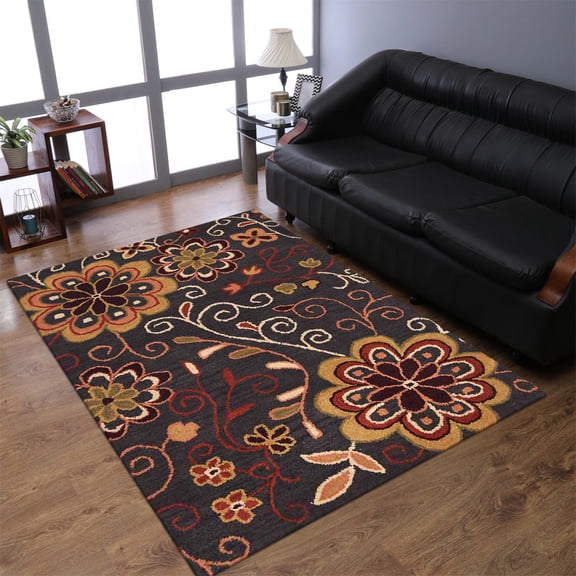 Rugsotic Carpets Hand Tufted Wool Eco-Friendly 4'x6' Area Rugs Rectangle Charcoal Floral Modern High Pile Thick Handmade Anti Skid Indoor Rug for Living Room, Bedroom K00656