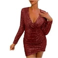 thumbnail image 1 of Birdeem Robe Femme Fine à Sequins Fermeture Éclair Aguichant Manches Longues Col en V, 1 of 1