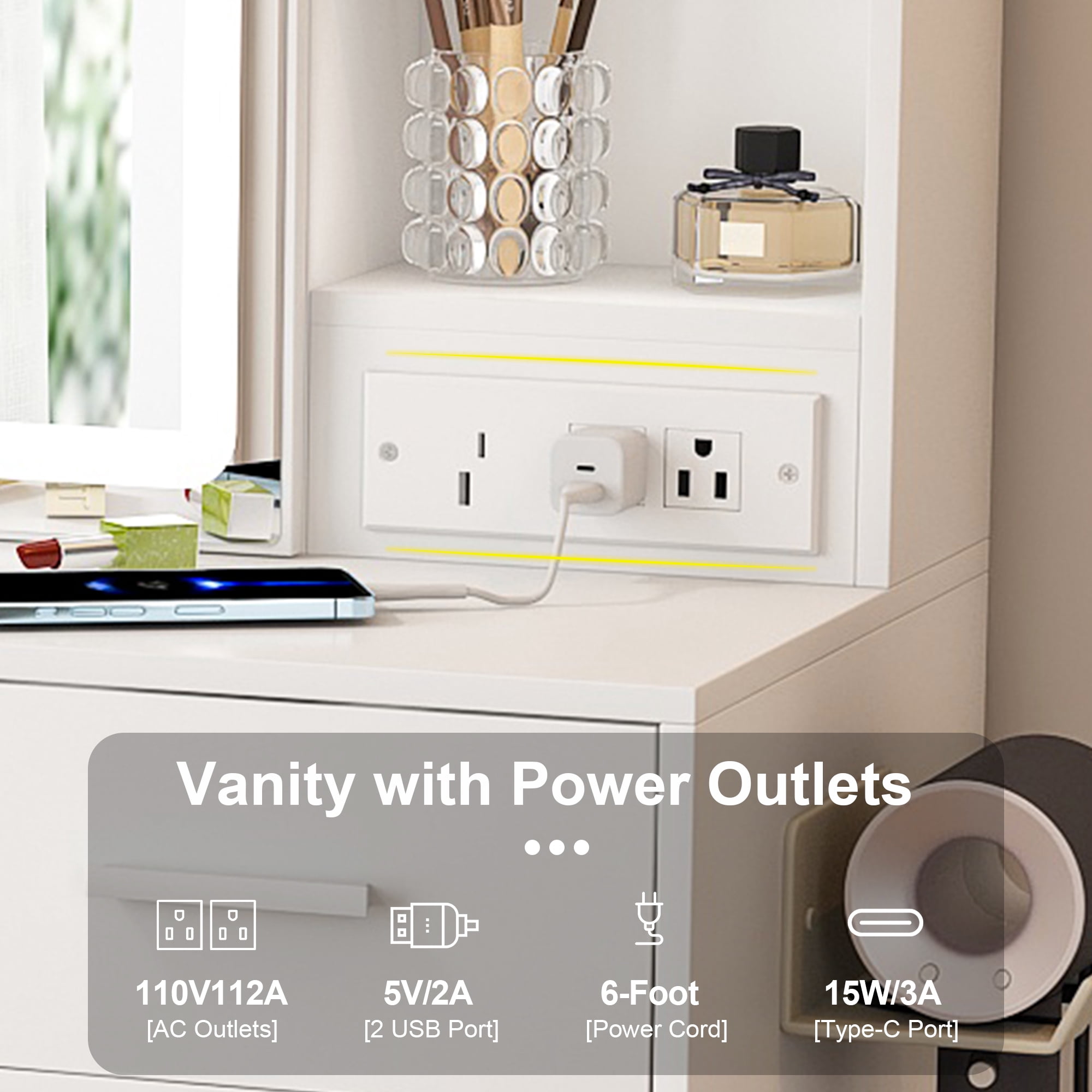 Alvantor Makeup Vanity Desk Set with Mirror & Lights, Built-in Power Outlet & Hidden Storage, White Vanity for Small Bedrooms