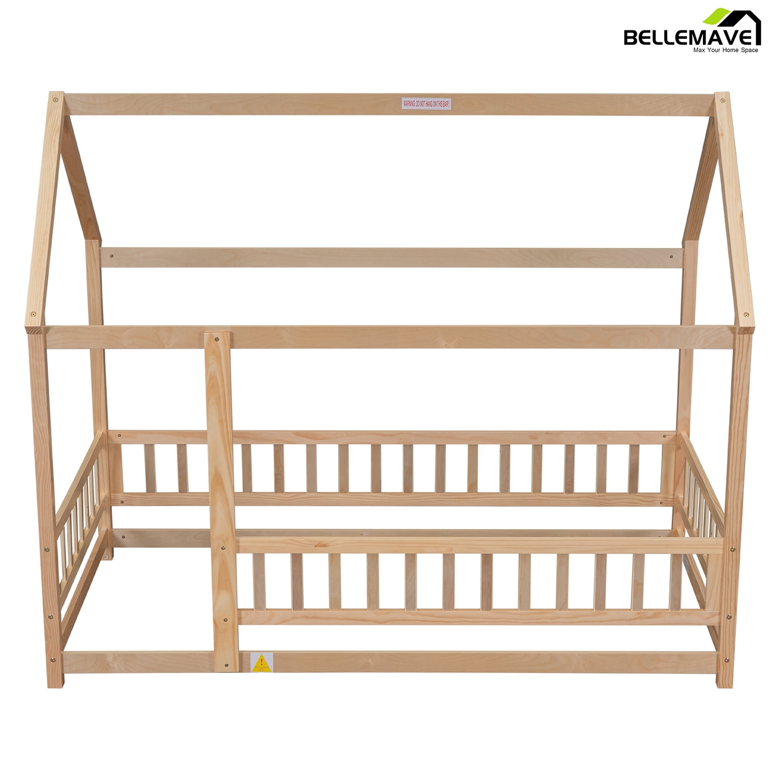 Bellemave Full Floor Bed, Wood Full Size House Bed Frame with Fence, Montessori Floor Bed for Bedroom（Natural)