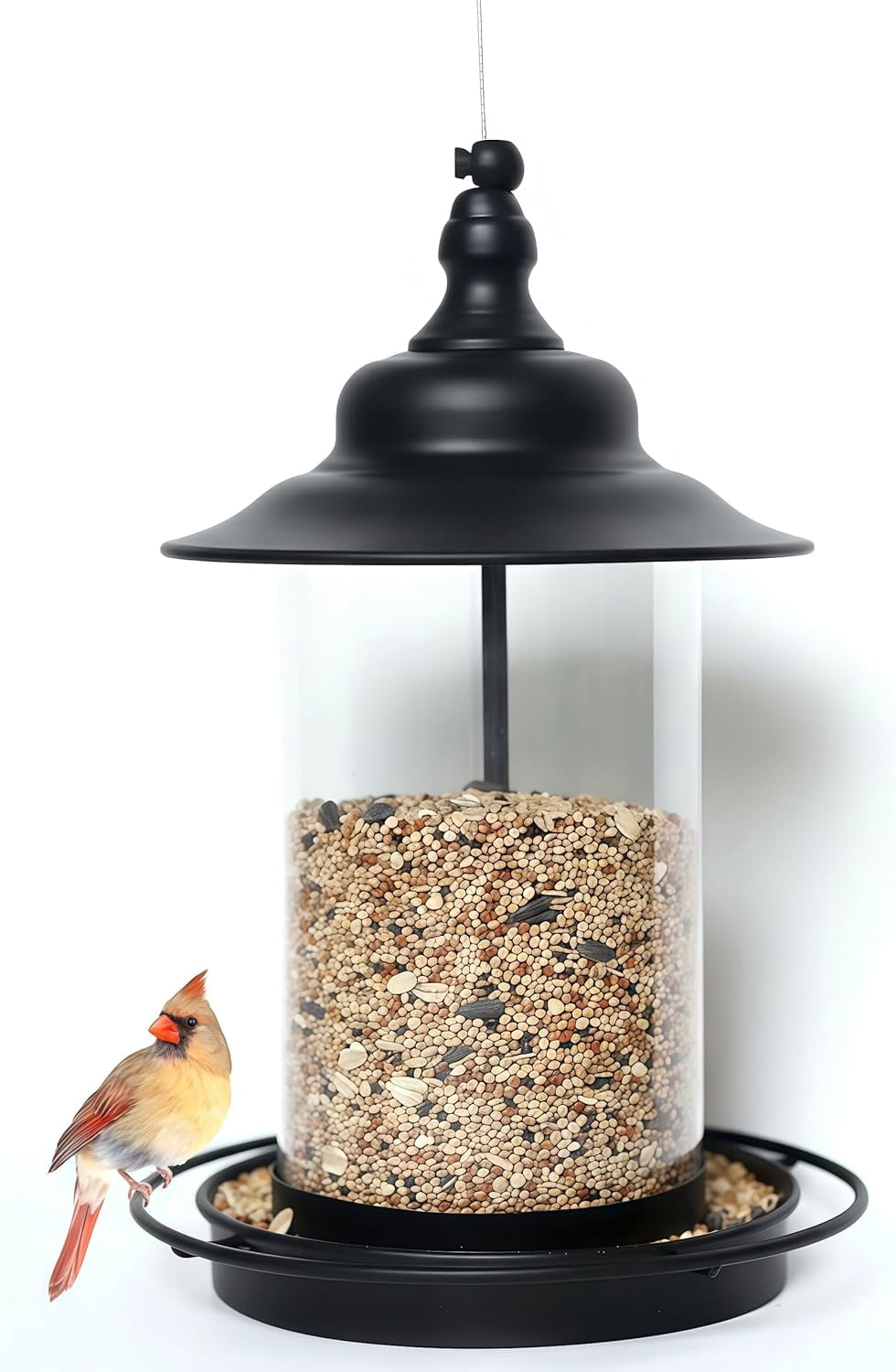 Bird Feeders for Outdoors,Hanging Bird Feeder with Locking Lid, Metal Birdfeeder with 17.5cm Weatherproof Large Roof&Tray,3 Feeding Perches,Chew-Proof, Black,1 Pack$$Garden & Patio