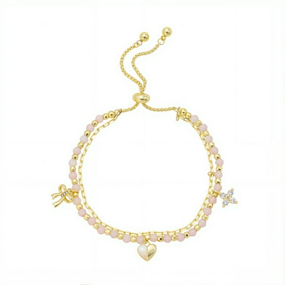 Believe by Brilliance Women's 14Kt Gold Flash Plated Rose Quartz Beaded Charm Adjustable Bolo Bracelet
