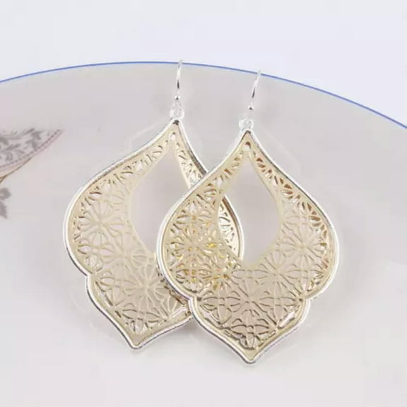 Gold Brass Filigree Morocco Teardrop Hollow Floral Statement Drop Earrings Gift