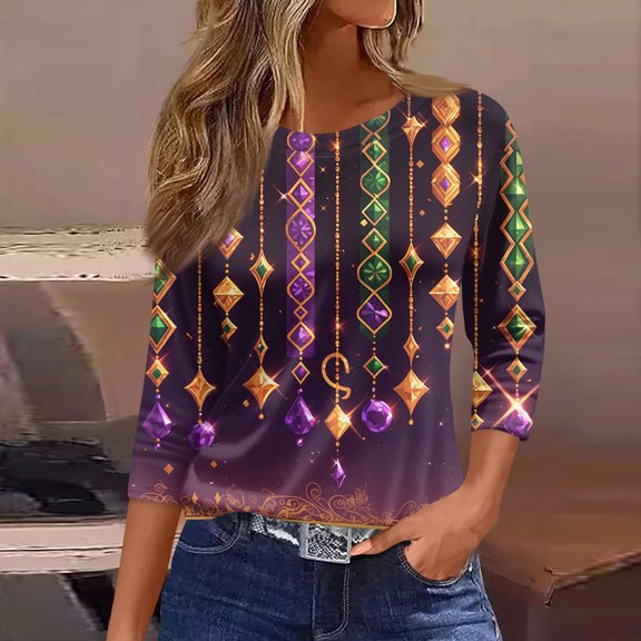 LNZGNM Mardi Gras Womens Shirts Mask Printed 3/4 Length Sleeve Tops Fashion Fancy Round Neck Shirt 2026 Spring Carnival Outfits for Rave Wear, Purple, L
