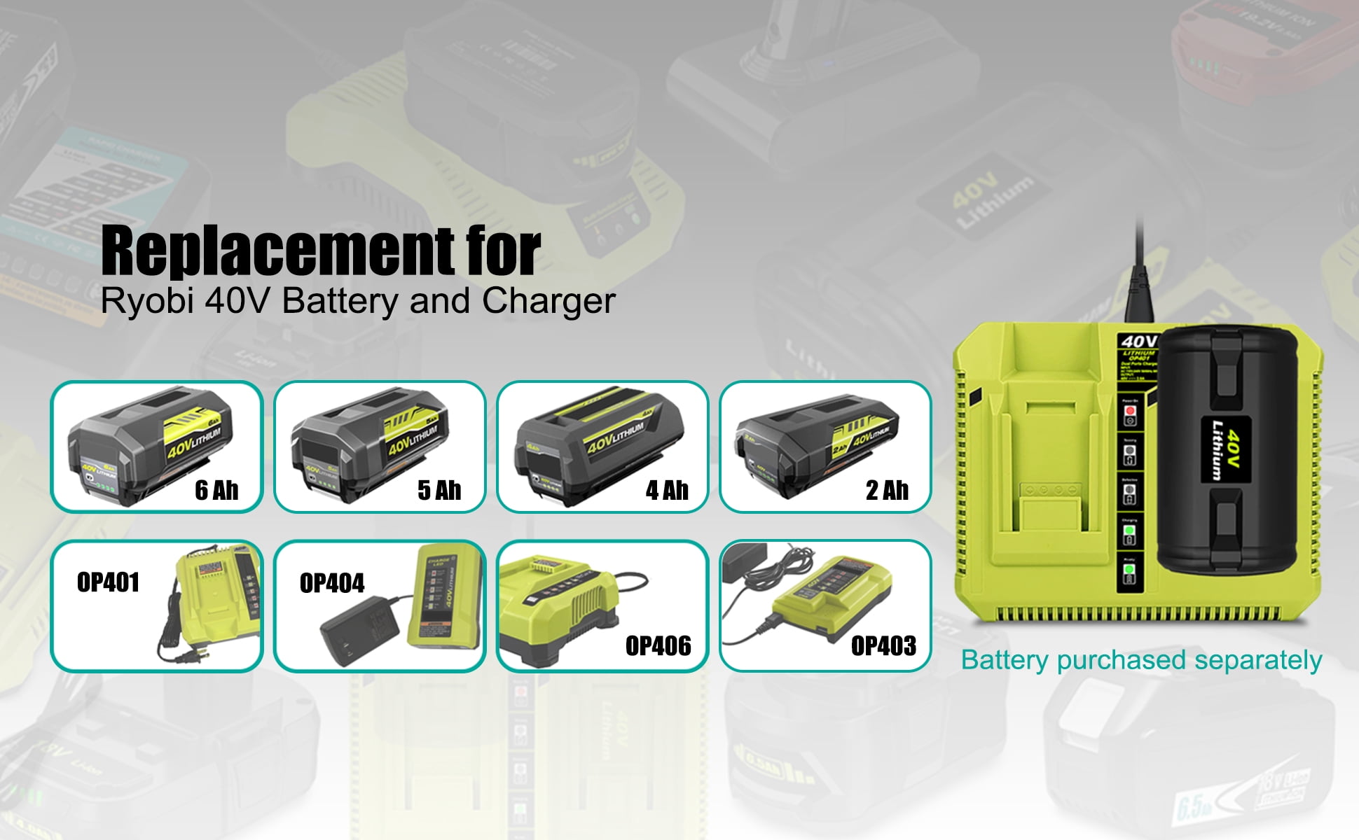 40V Dual Battery Charger Replacement for Ryobi 40V Rapid Charger OP401 OP403 OP404 OP406 OP407A OP40601 6Ah OP40602 4Ah OP4040 5Ah OP4050 Battery Fast Charger Ryobi 40 Volt 40V Dual Charger OP401