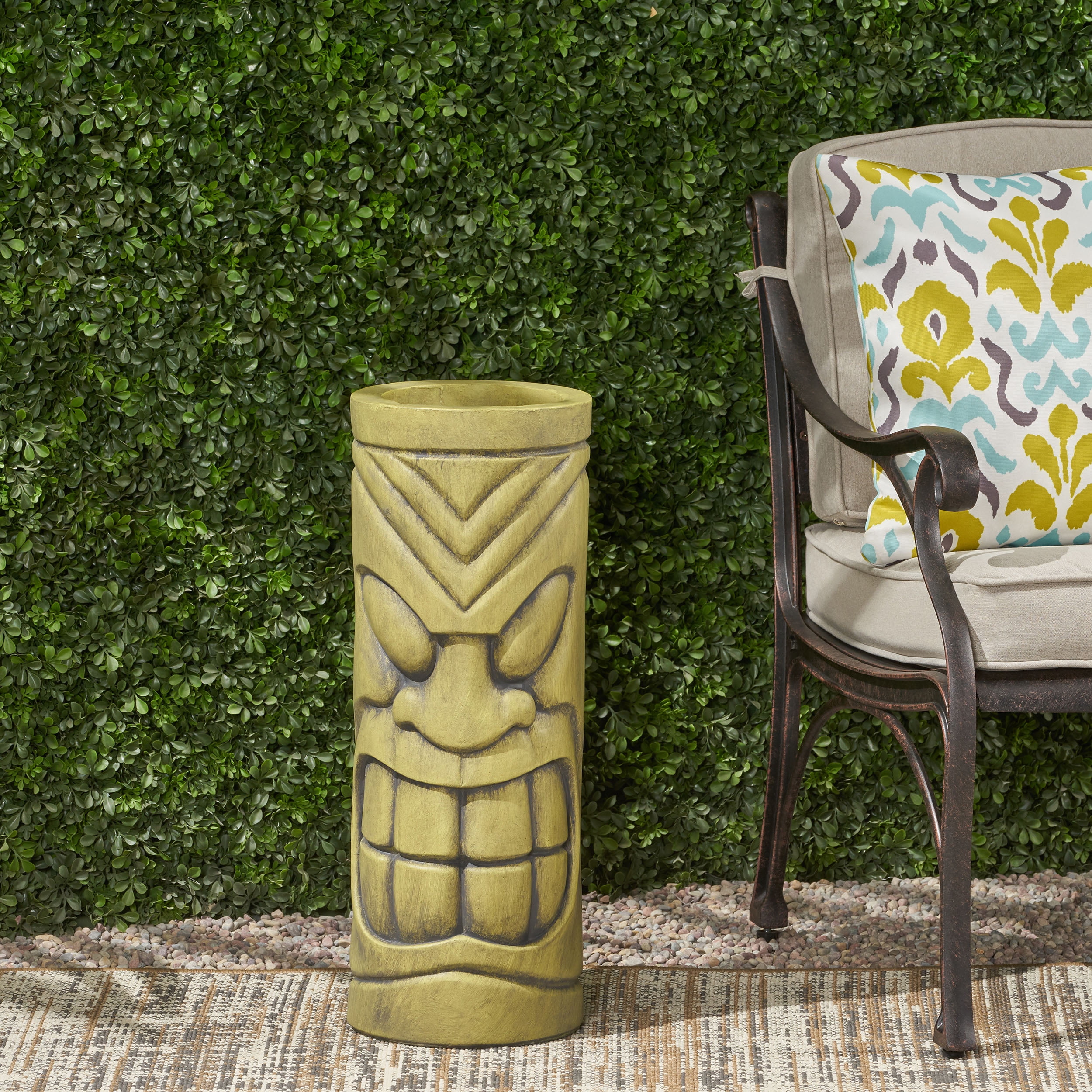 Mintazer Tiki Totem Tall Outdoor Planter, Polynesian Stone Statue Cylindrical Plant Pot with Drainage Hole for Patio Backyard Garden