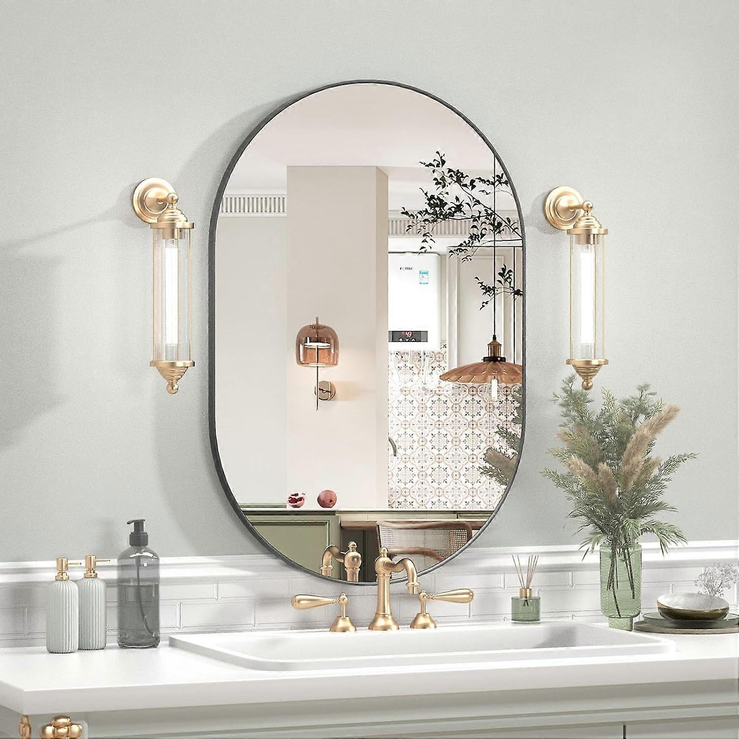 Americanflat Miroir ovale avec cadre noir 30 x 60 cm - Miroir ovale de salle de bain - Miroir noir pour salon et chambre à coucher - Miroir mural avec cadre arrondi