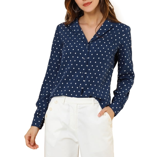 INSPIRAR CHIC Camisas de Manga Larga de los Años 50 para Mujeres con Estampado de Corazones y Lunares M Azul Oscuro