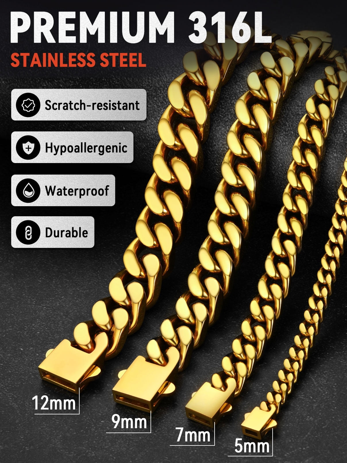 FaithHeart Cuban Link Chain Bracelets for Men, Gold Plated Stainless Steel Chain Wrist Bracelets Hip Hop Jewelry Gifts for Brother Friends 7MM Width